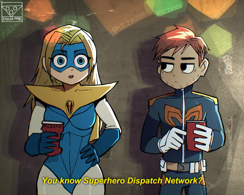 Blonde Blazer and Robert from Dispatch in Scott Pilgrim art style