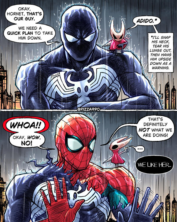 Spider-Man and Hornet are patrolling on a rainy night